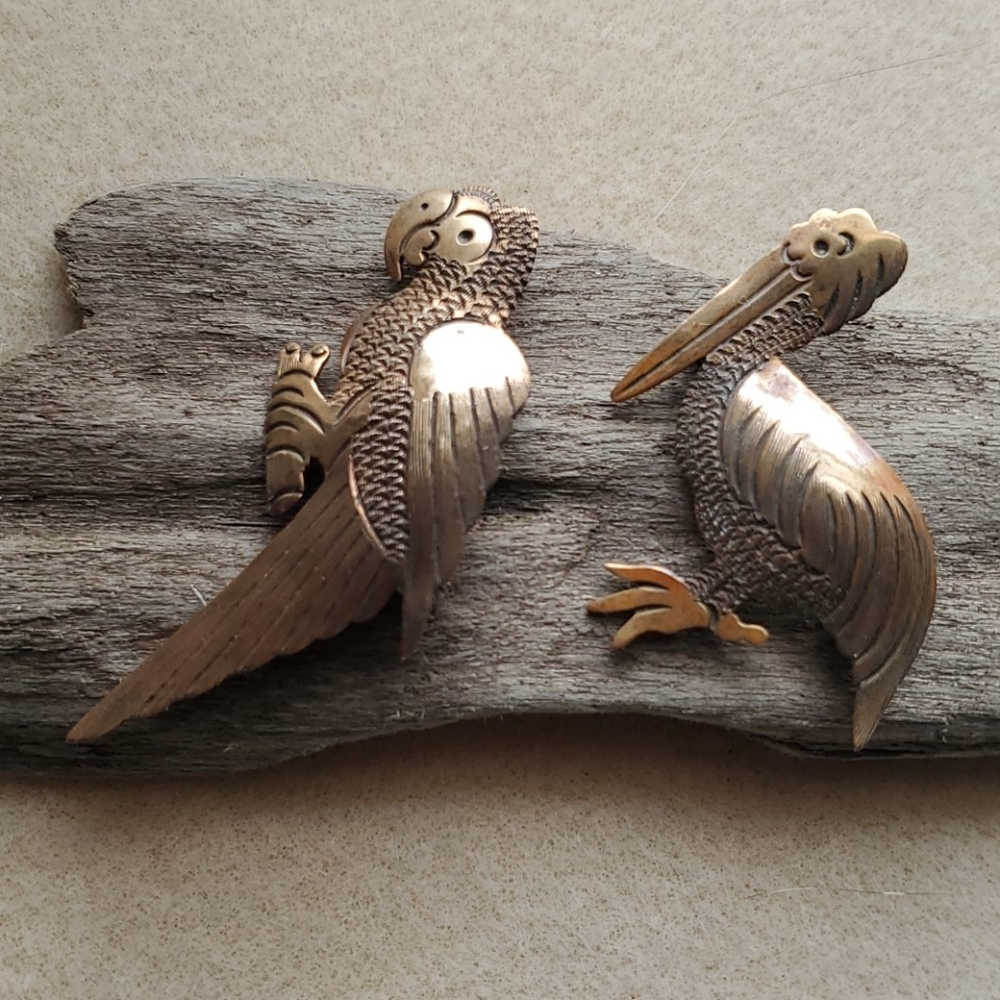 Set of 2 Mexico Copper Bird Pins, Parrot & Pelican